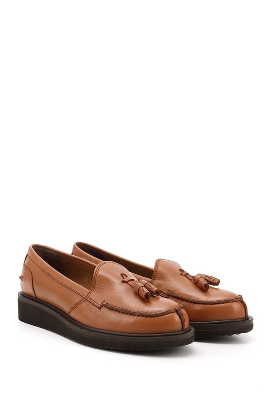 Women's Tan Antique Wedge Sole Genuine Leather Loafer Shoes