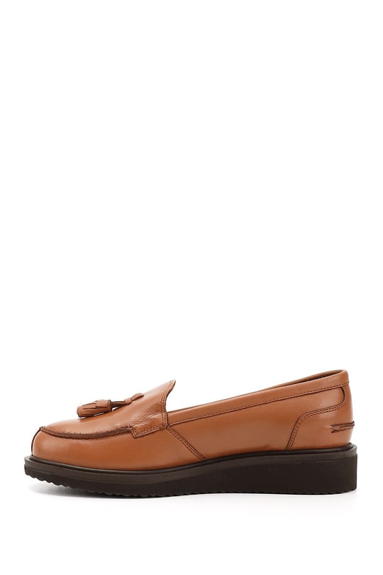 Women's Tan Antique Wedge Sole Genuine Leather Loafer Shoes