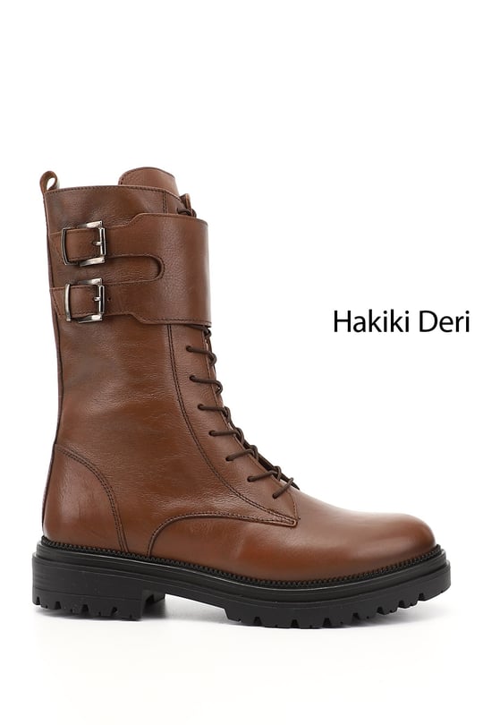 Kadın Taba Antik Fermuarlı Hakiki Deri Postal Bot