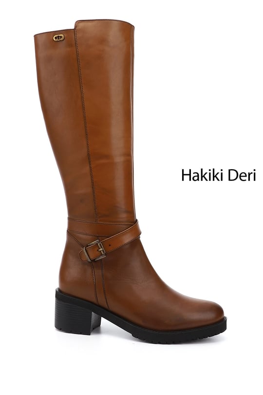 GonGenuine Leather Round Toe Rubber Sole Heels Zippered Buckle Women's Casual Hihg Boots 43575