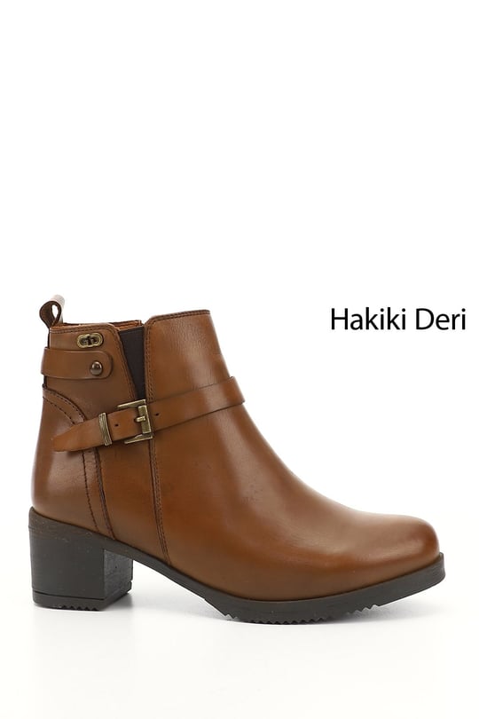 Kadın Taba Antik Fermuarlı Kalın Topuklu Hakiki Deri Bot