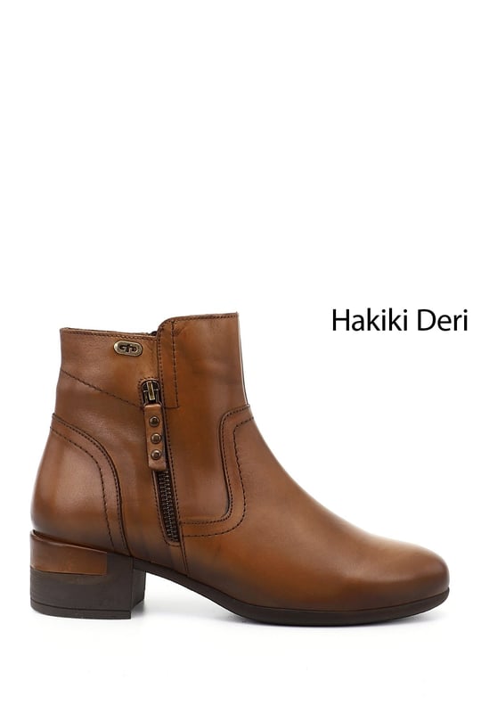 Kadın Taba Antik Fermuarlı Kalın Topuklu Hakiki Deri Bot