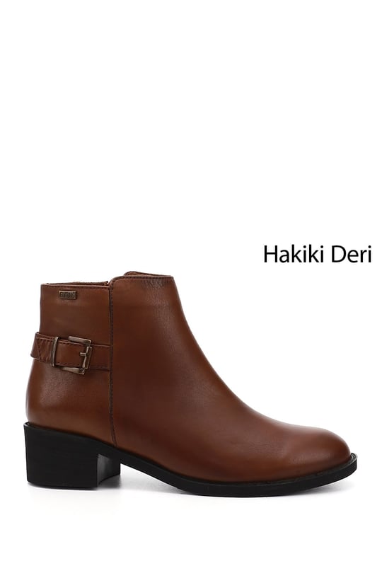 Kadın Taba Antik Fermuarlı Kalın Topuklu Hakiki Deri Bot