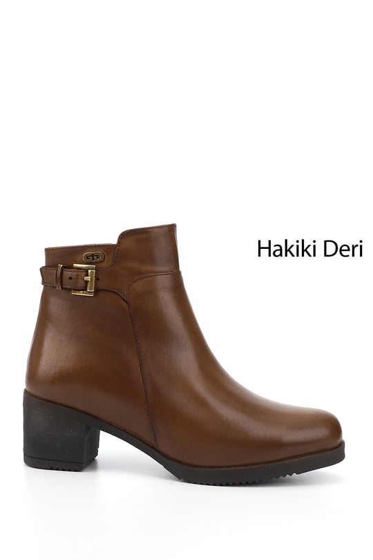 Kadın Taba Antik Fermuarlı Kalın Topuklu Hakiki Deri Bot