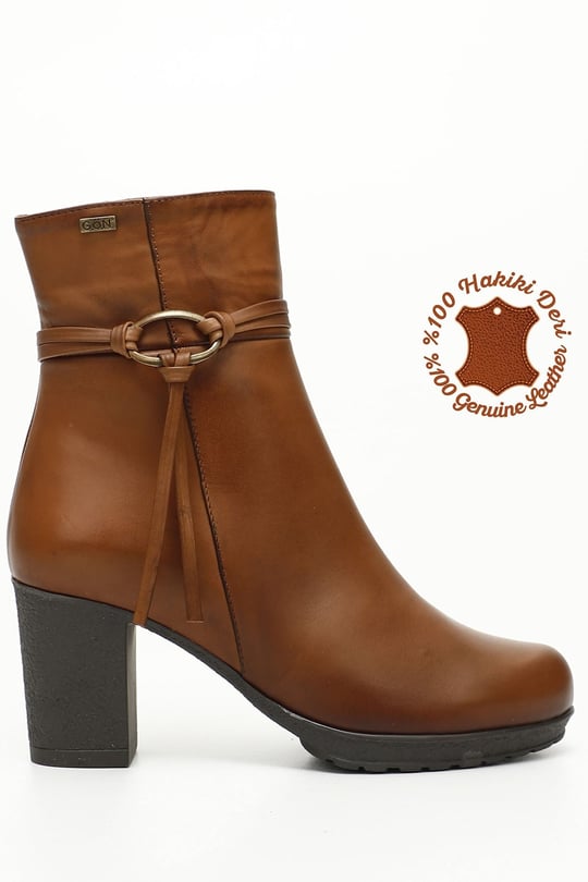 Women's Tan Antique Zipper Thick Heel Genuine Leather Boots
