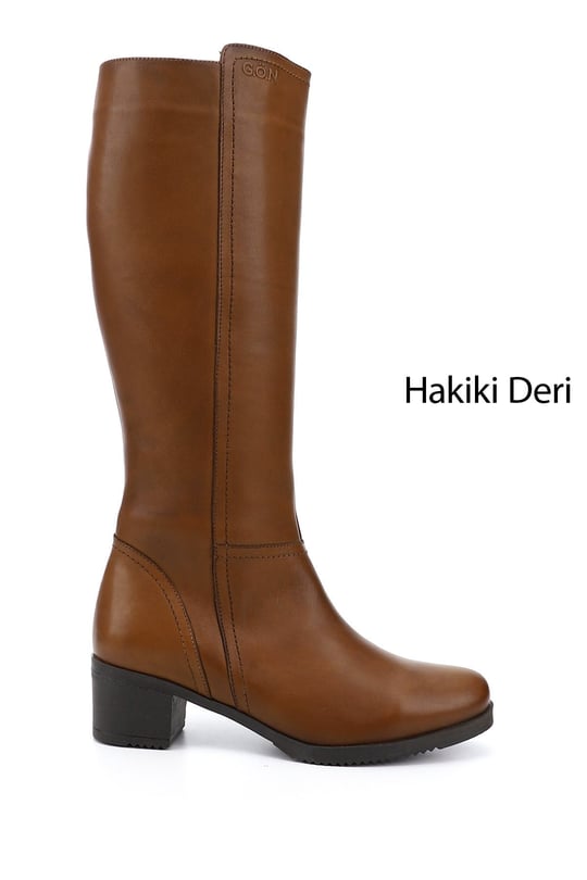 Kadın Taba Antik Fermuarlı Kalın Topuklu Hakiki Deri Çizme