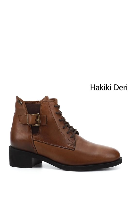 Kadın Taba Antik Fermuarlı Kalın Topuklu Hakiki Deri Postal Bot