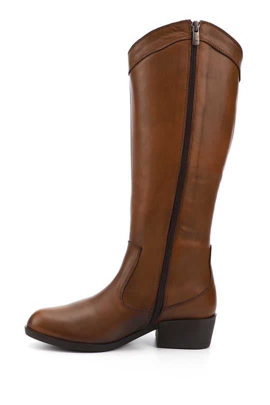 Women's Tan Antique Zipper Thick Heel Genuine Leather Cowboy Boots