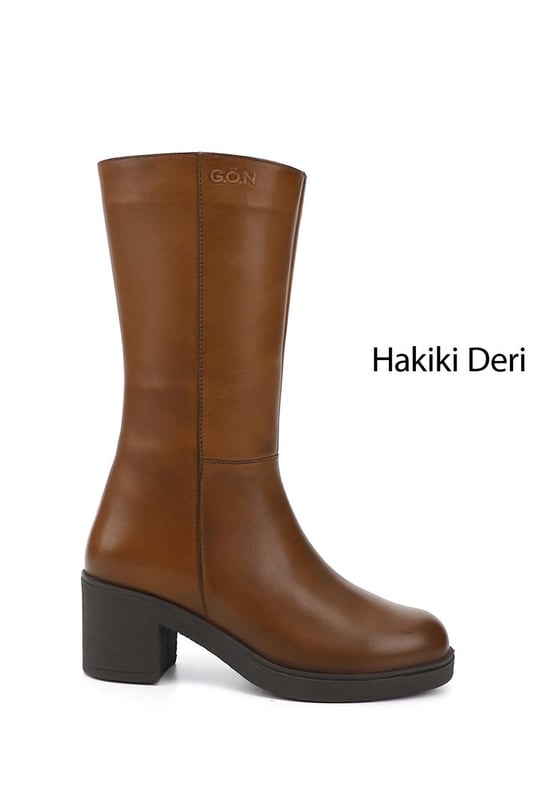 Kadın Taba Antik Fermuarlı Kalın Topuklu Hakiki Deri Çizme