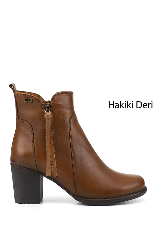 Kadın Taba Antik Fermuarlı Kalın Topuklu Hakiki Deri Bot