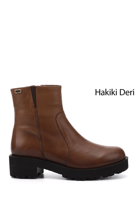 Kadın Taba Antik Fermuarlı Kalın Topuklu Hakiki Deri Bot