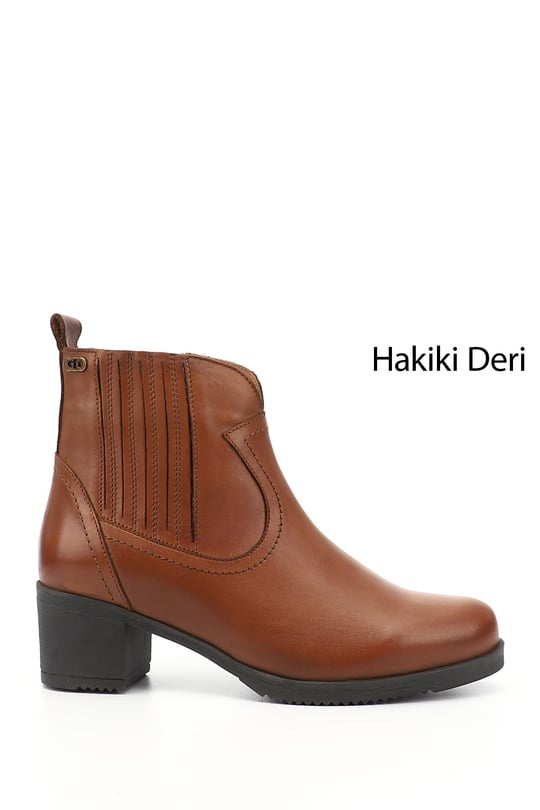 Kadın Taba Antik Fermuarlı Kalın Topuklu Hakiki Deri Bot