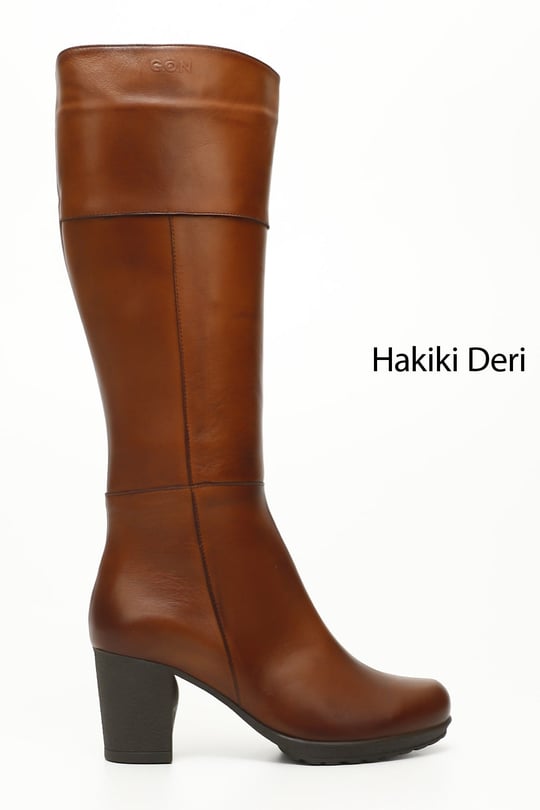 Kadın Taba Antik Fermuarlı Kalın Topuklu Hakiki Deri Çizme