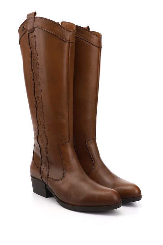 Women's Tan Antique Zipper Thick Heel Genuine Leather Cowboy Boots