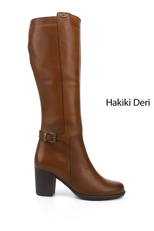 Kadın Taba Antik Fermuarlı Kalın Topuklu Hakiki Deri Çizme