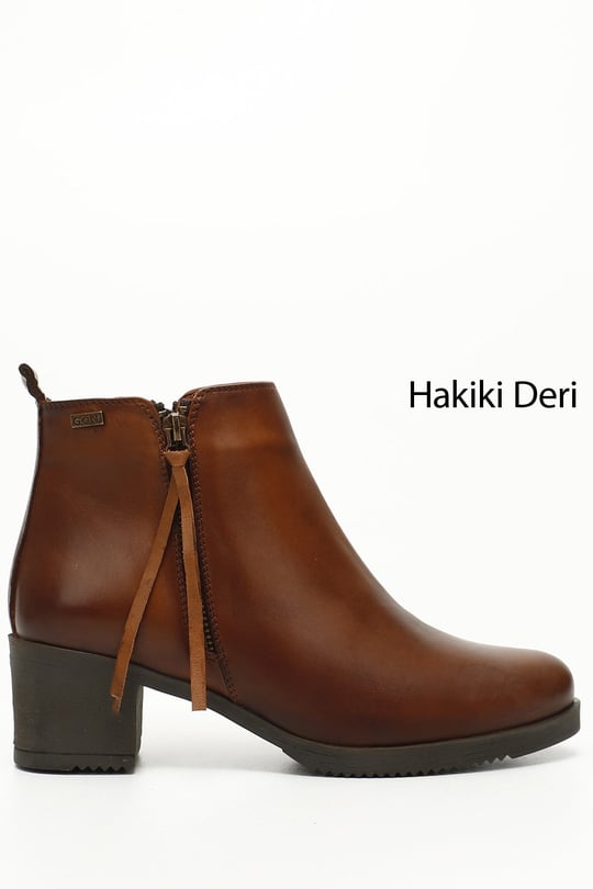 Kadın Taba Antik Fermuarlı Kalın Topuklu Hakiki Deri Bot