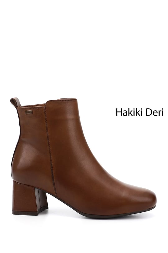 Kadın Taba Antik Fermuarlı Kalın Topuklu Hakiki Deri Bot