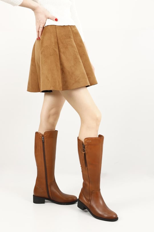 Women's Tan Antique Zipper Thick Heel Genuine Leather Boots