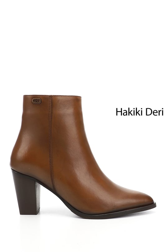 Kadın Taba Antik Fermuarlı Sivri Burun Hakiki Deri Bot