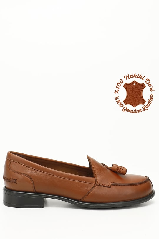 Kadın Taba Antik Hakiki Deri Loafer Ayakkabı