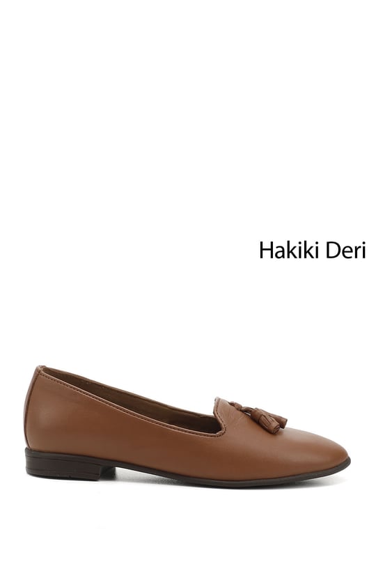 Kadın Taba Antik Hakiki Deri Püsküllü Babet