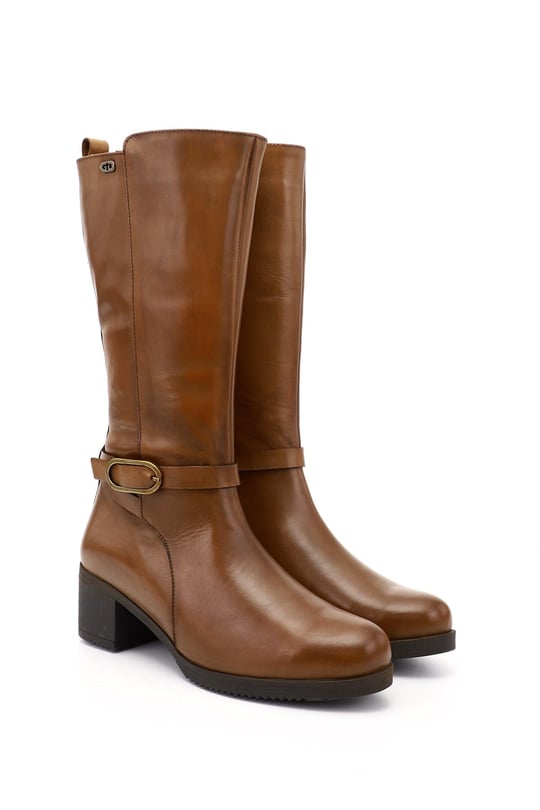 Women's Tan Antique Thick-Heeled Genuine Leather Boots