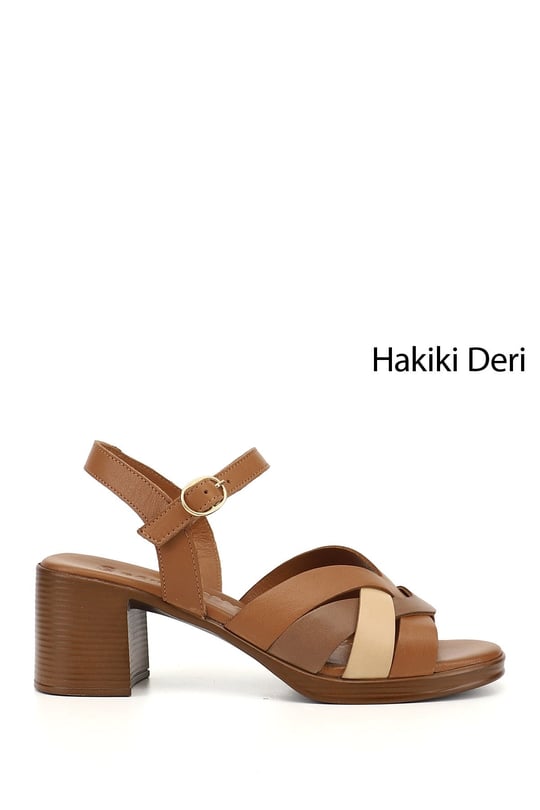 Kadın Taba Antik Örgü Bantlı Kalın Topuklu Hakiki Deri Sandalet