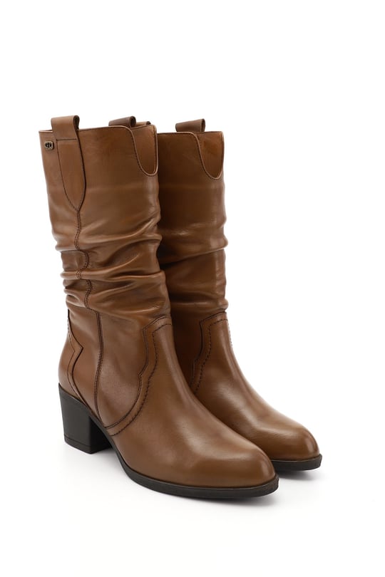Women's Tan Antique Thick Heeled Gusseted Genuine Leather Boots