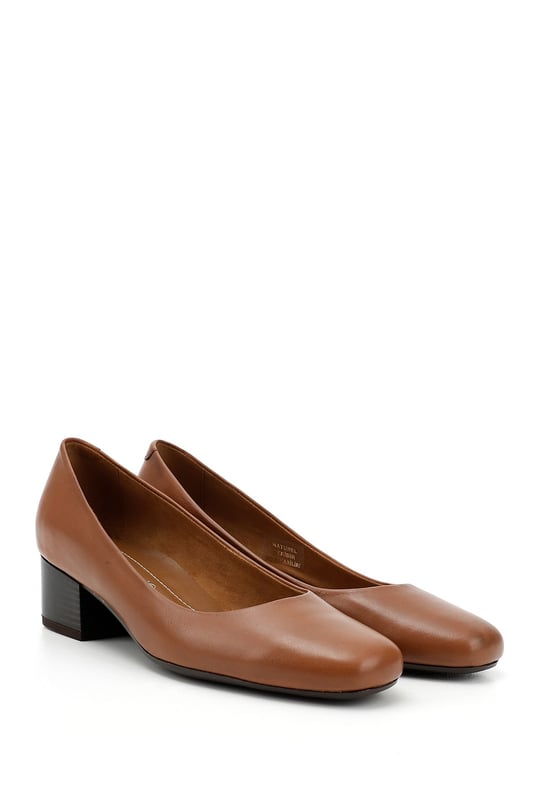 Women's Tan Antique Short Thick Heel Genuine Leather Shoes
