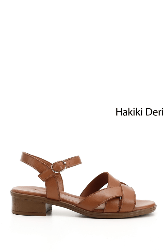 Kadın Taba Antik Kısa Kalın Topuklu Hakiki Deri Sandalet