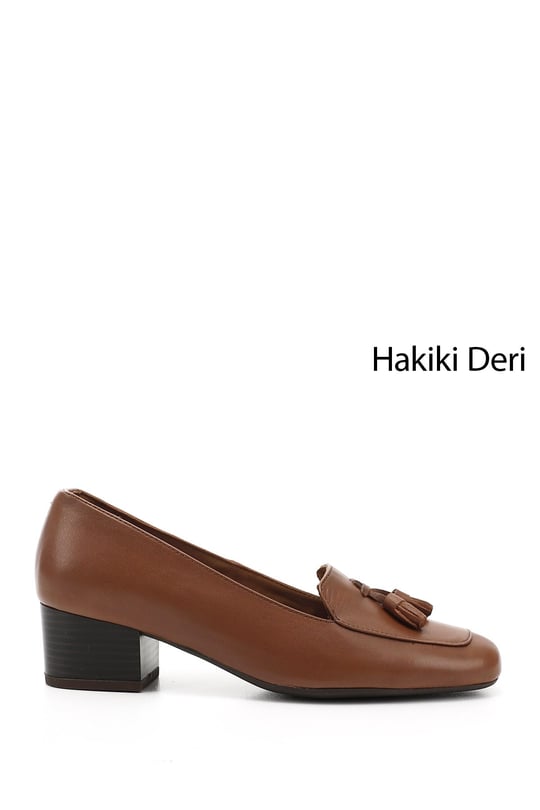 Kadın Taba Antik Küt Burun Kısa Kalın Topuklu Hakiki Deri Ayakkabı