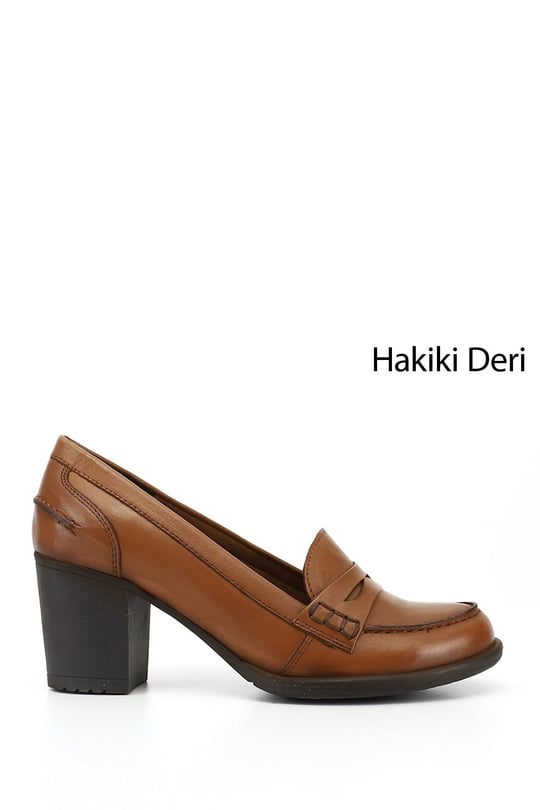 Kadın Taba Antik Orta Kalın Topuklu Hakiki Deri Ayakkabı