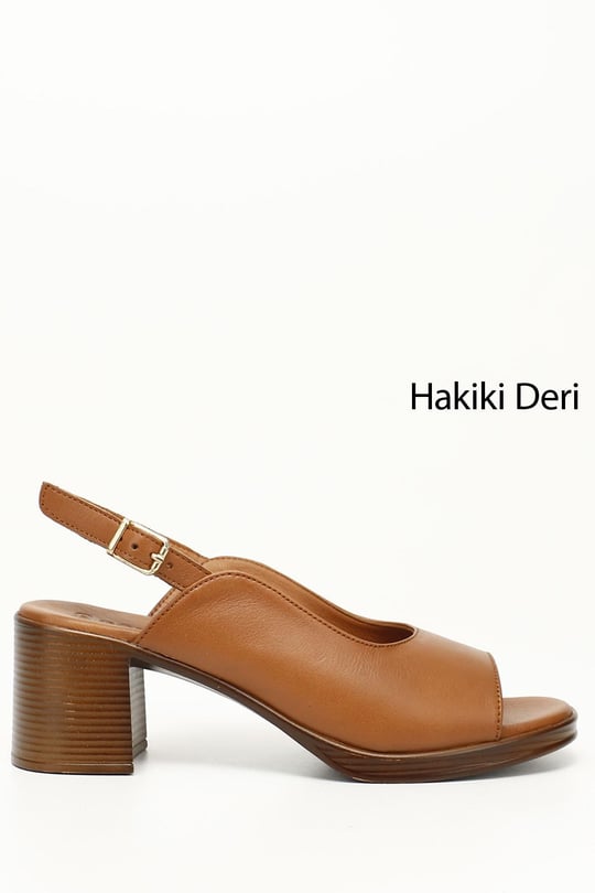 Kadın Taba Antik Orta Kalın Topuklu Hakiki Deri Sandalet