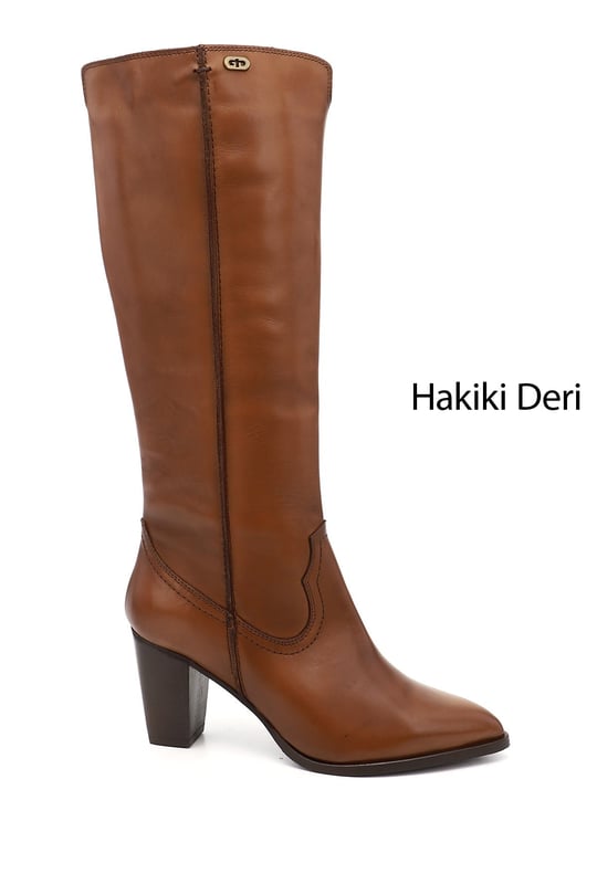 Kadın Taba Antik Sivri Burun Kalın Topuklu Hakiki Deri Çizme