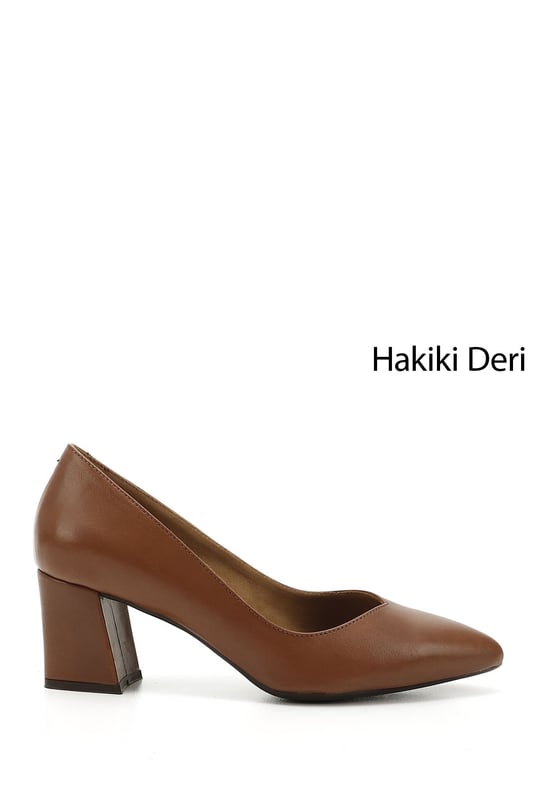 Kadın Taba Antik Sivri Burun Orta Kalın Topuklu Hakiki Deri Ayakkabı