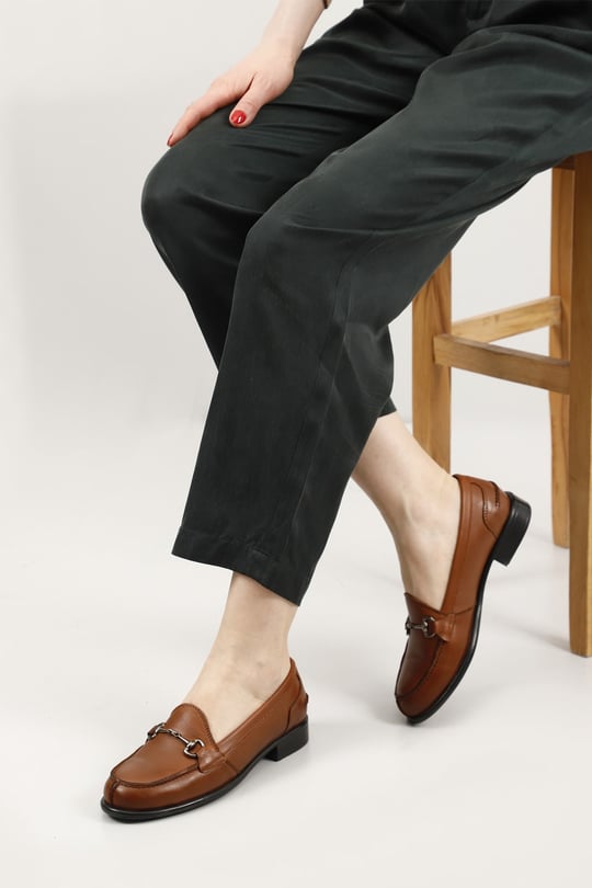 Kadın Taba Antik Tokalı Hakiki Deri Loafer Ayakkabı