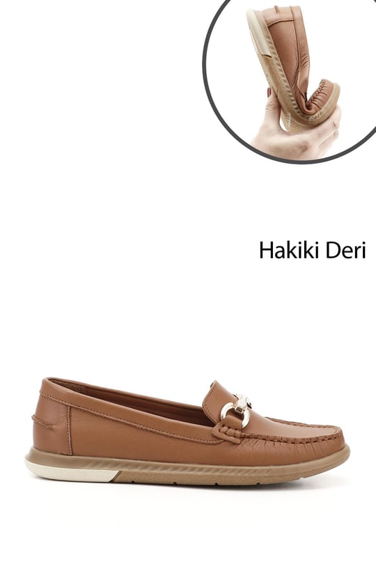 Kadın Taba Antik Tokalı Rok Hakiki Deri Comfort Loafer