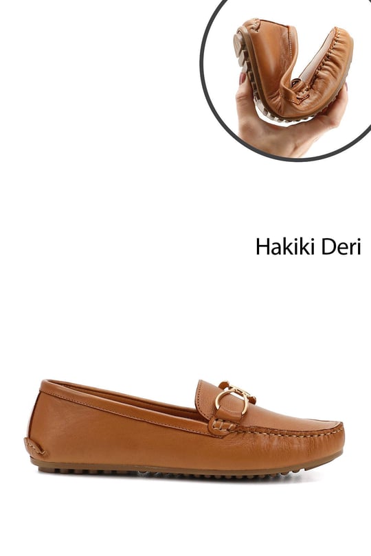 Kadın Taba Antik Tokalı Rok Hakiki Deri Comfort Loafer