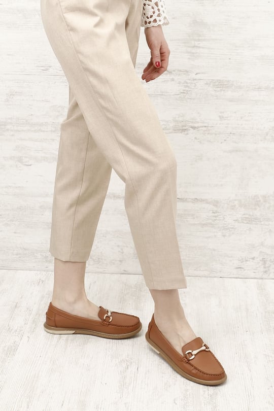 Kadın Taba Antik Tokalı Rok Hakiki Deri Comfort Loafer