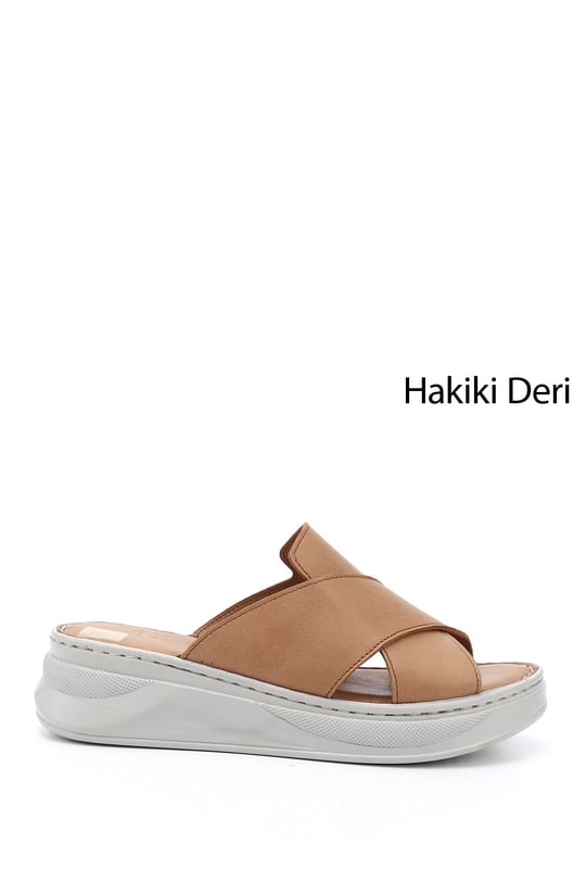 Kadın Taba Çapraz Bantlı Dolgu Topuk Hakiki Deri Comfort Terlik