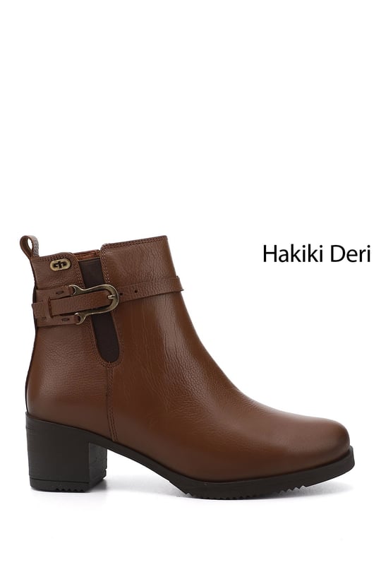 Kadın Taba Floter Fermuarlı Kalın Topuklu Hakiki Deri Bot