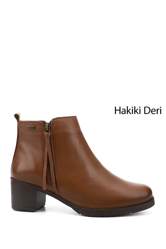 Kadın Taba Floter Fermuarlı Kalın Topuklu Hakiki Deri Bot
