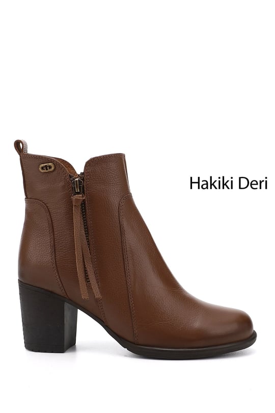 Kadın Taba Floter Fermuarlı Kalın Topuklu Hakiki Deri Bot