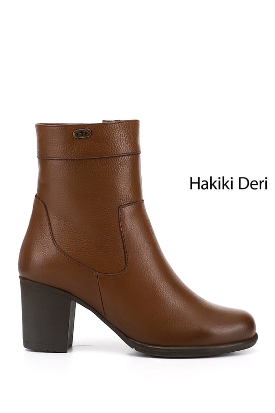 Kadın Taba Floter Fermuarlı Kalın Topuklu Hakiki Deri Bot
