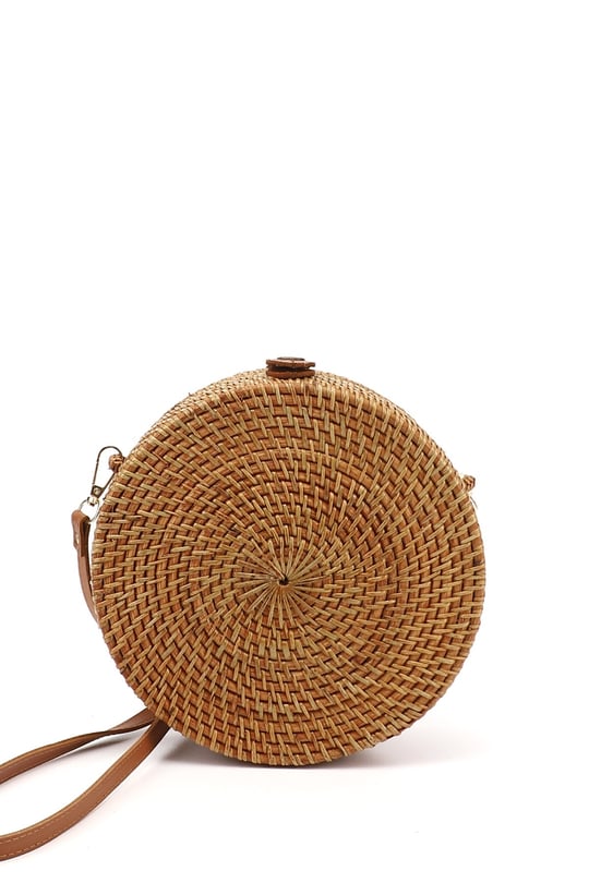 Women's Tan Wicker Wicker Woven Long Strapped Shoulder Bag
