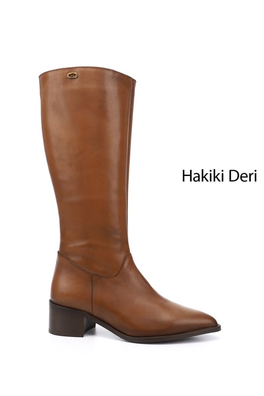 Kadın Taba Sivri Burun Kalın Topuklu Hakiki Deri Çizme