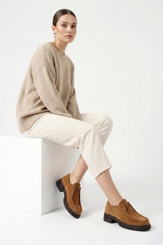 Women's Tan Suede Lace-up Genuine Leather Comfort Shoes