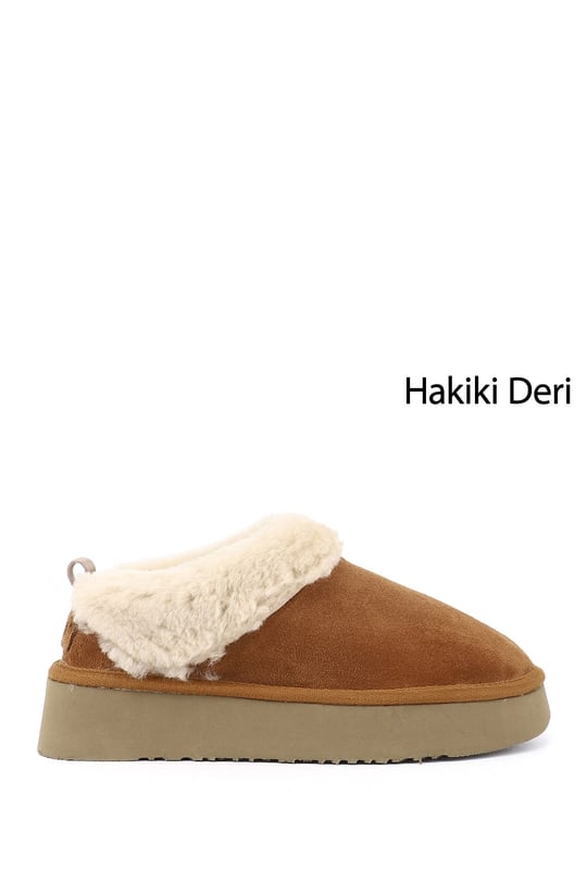 Kadın Taba Süet W Tazz Kalın Tabanlı Hakiki Deri Kürklü Terlik
