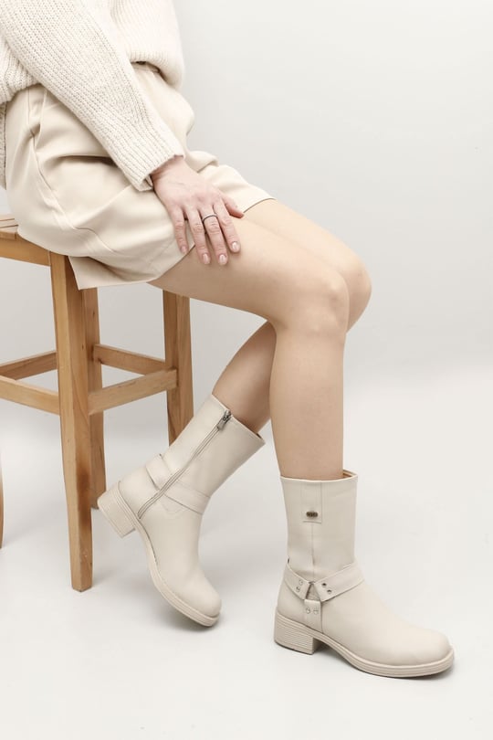 Women's Ten Zipper Blunt Toe Thick Heel Biker Boots