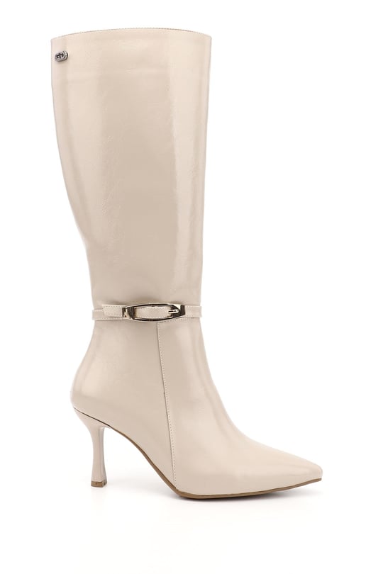 Women's Beige Zippered Pointed Toe Thin Heel Boots